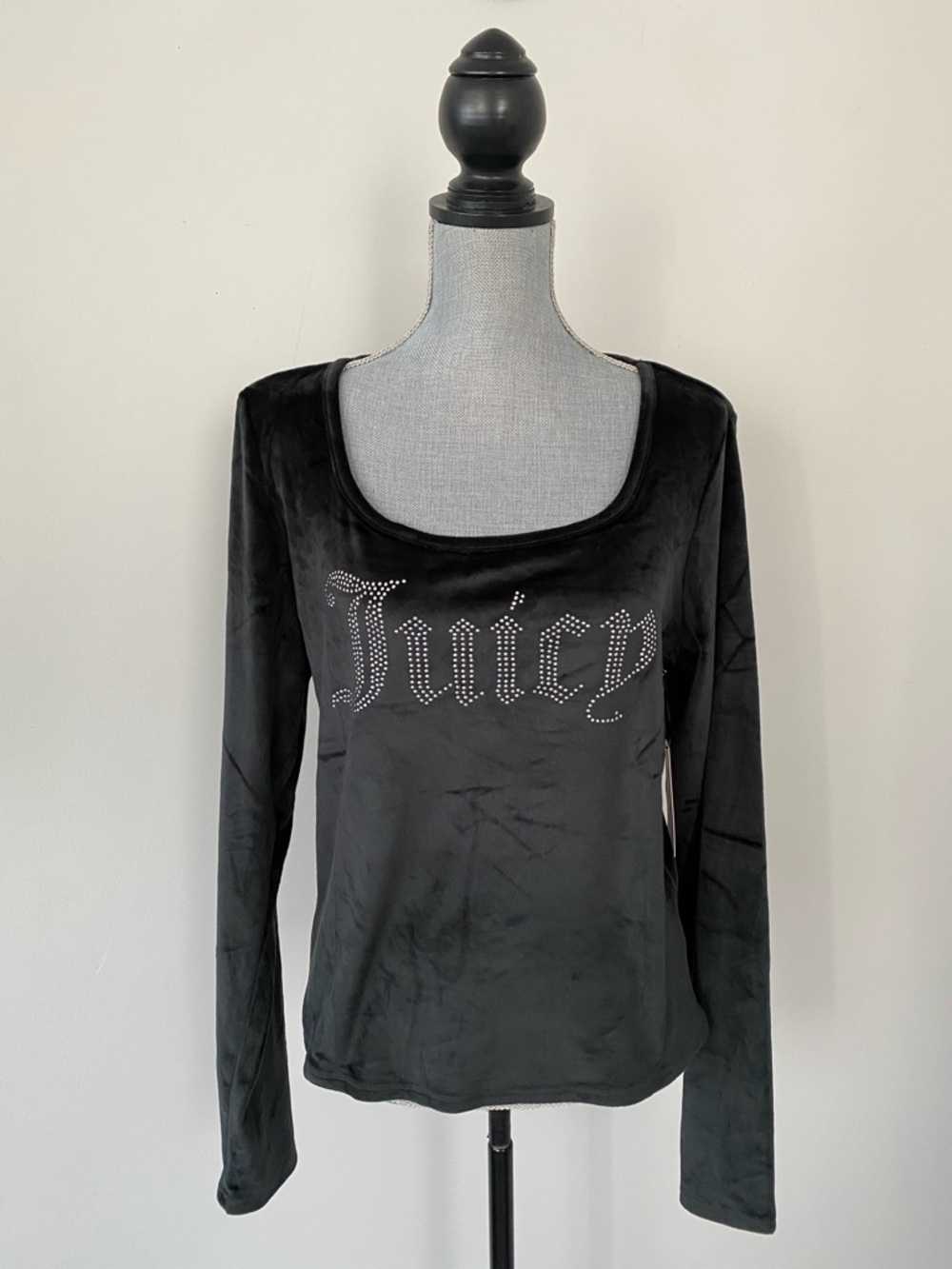 Juicy Couture Black Velour Rhinestone Logo Long Sleeve Top Dead Stock Y2K Street